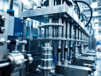 Dynamic filling machine supplier operating in a factory, demonstrating precision and automation in liquid filling processes.