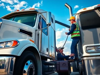 Semi-truck towing Tampa: Professional operator securely attaches a semi-truck to a tow truck in bright Tampa sunlight.
