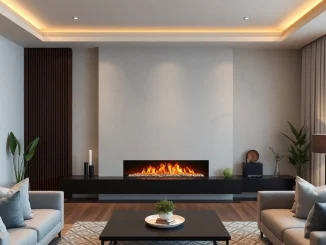 Sinar hangat dari water vapor electric fireplace menciptakan suasana nyaman di ruang tamu modern.