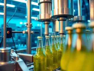 Filling Machine Supplier: High-speed filling machine in action, efficiently filling bottles in an industrial setting.