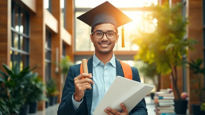 Buy master degree UK with a proud graduate holding a diploma in an inspiring university setting.