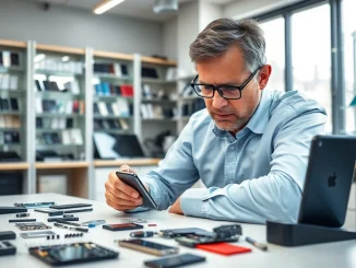 Professionista della riparazione di cellulari a Torino che lavora su dispositivi danneggiati.