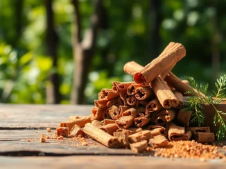 Discover the aromatic Cinnamon Bark displayed intricately on a rustic wooden surface.