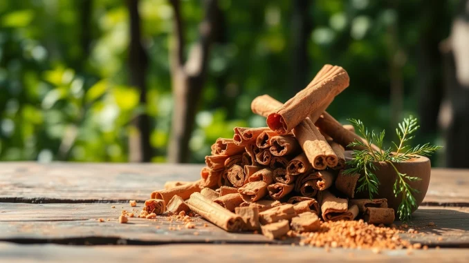 s4pf Discover the aromatic Cinnamon Bark displayed intricately on a rustic wooden surface.