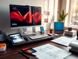 Showcasing innovative AI design tools for businesses with modern workspace and vibrant colors.