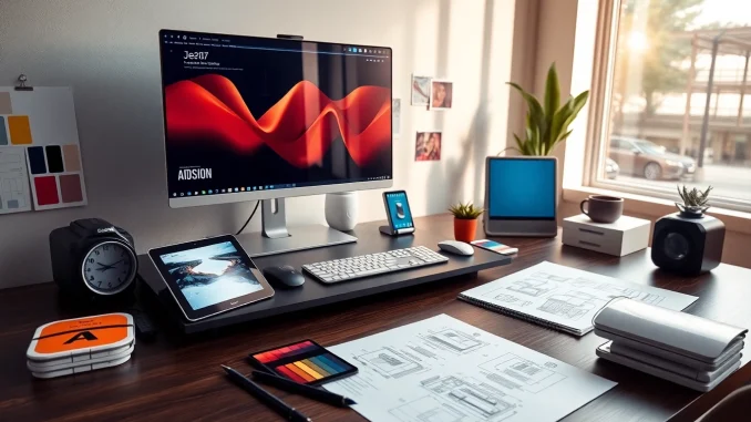 yz28 Showcasing innovative AI design tools for businesses with modern workspace and vibrant colors.