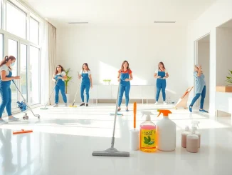 Efficient bond cleaning Brisbane in a bright apartment with professional cleaners showcasing teamwork.