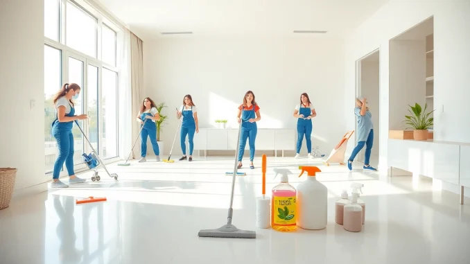 28vv Efficient bond cleaning Brisbane in a bright apartment with professional cleaners showcasing teamwork.