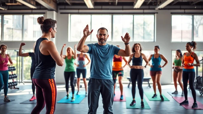 Engaged gym group training session led by an instructor, showcasing teamwork and effort.