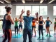Engaged gym group training session led by an instructor, showcasing teamwork and effort.