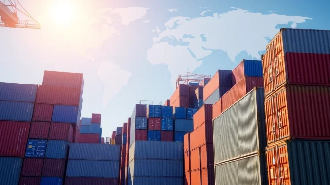 hyj4 Illustration of export tariffs affecting global trade logistics.