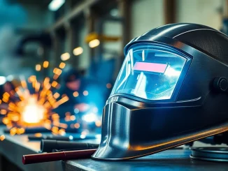 Inspecting a speedglas welding helmet with advanced features in a professional setting.