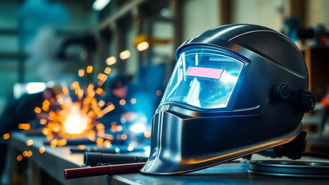 Inspecting a speedglas welding helmet with advanced features in a professional setting.