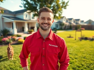 Dog poop pickup in a suburban backyard with a technician and a playful dog.