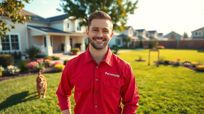 Dog poop pickup in a suburban backyard with a technician and a playful dog.