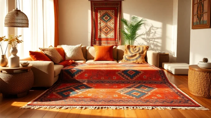 Boujaad vintage rugs beautifully integrated into a cozy living room, highlighting their unique patterns.