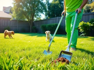 Weekly dog poop scooping service featured in a sunny yard with a cheerful scooper.