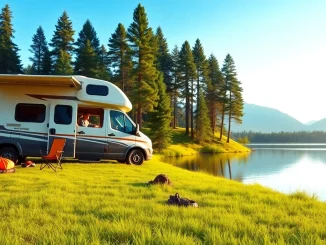 Explore a JRP Campers van parked at a beautiful lakeside, showcasing vibrant camping gear.