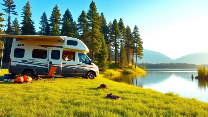Explore a JRP Campers van parked at a beautiful lakeside, showcasing vibrant camping gear.