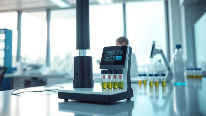 Showcasing a marijuana impairment test device in a lab environment, emphasizing advanced testing technology.