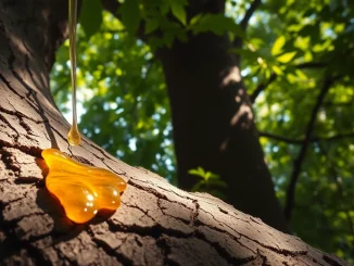 Extrait de benjoin avec des gouttes de résine brillance sur l'écorce de l'arbre.