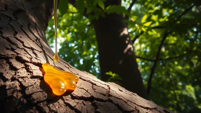s6ds Extrait de benjoin avec des gouttes de résine brillance sur l'écorce de l'arbre.