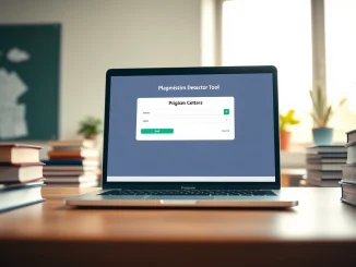 Check results from a plagiarism detector tool on a laptop screen in a bright classroom.