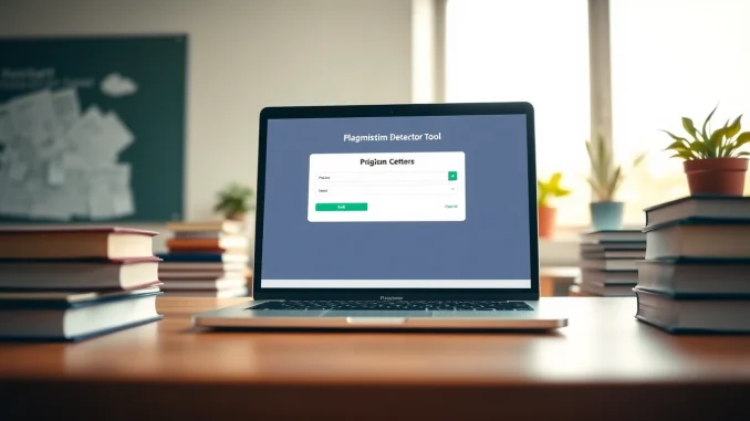 Check results from a plagiarism detector tool on a laptop screen in a bright classroom.