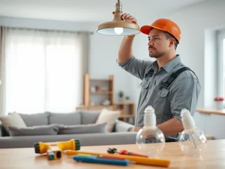 Electrician performing Electrical Service installation in a bright, modern living room.