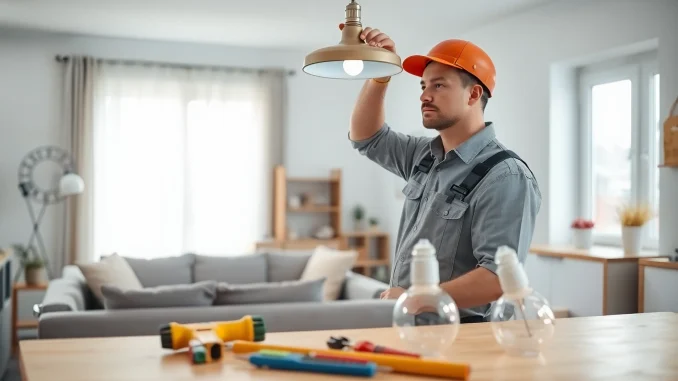 Electrician performing Electrical Service installation in a bright, modern living room.