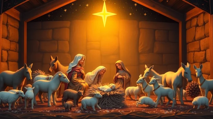 Display of exquisite Nativity sets showcasing the Holy Family with intricate details.