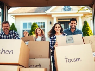 Family enjoying house moves with boxes in front of their new home, radiating joy.