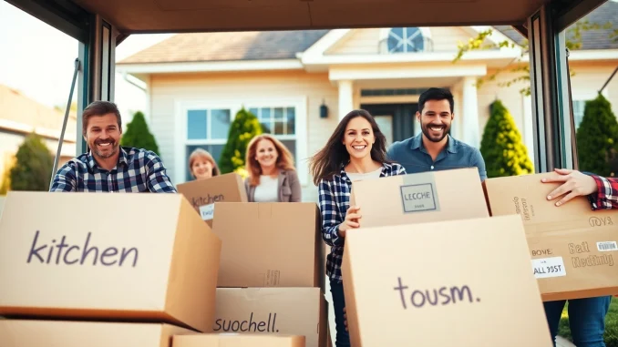 Family enjoying house moves with boxes in front of their new home, radiating joy.