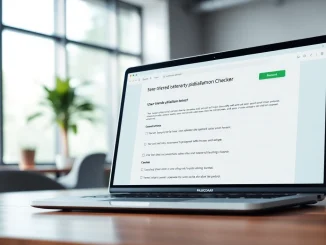 Assessing plagiarism detector results on a laptop screen in a modern office setting.