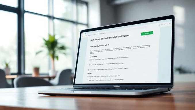 c4ra Assessing plagiarism detector results on a laptop screen in a modern office setting.