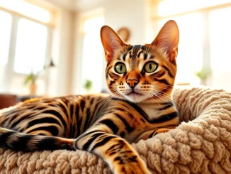 Bengal Breeders Orange County showcase a beautiful Bengal cat lounging in a cozy setting.