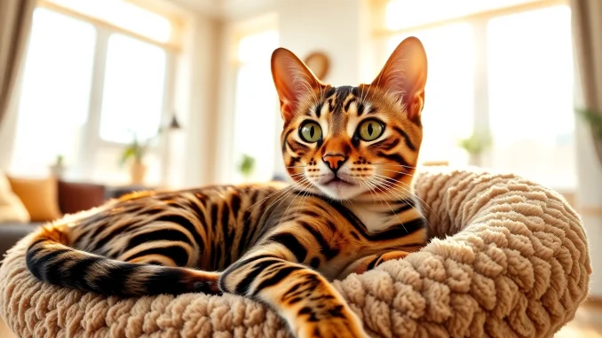 e1p6 Bengal Breeders Orange County showcase a beautiful Bengal cat lounging in a cozy setting.