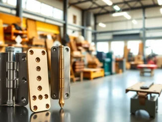 Door Hinges Manufacturer showcasing high-quality polished and antique finish hinges in an industrial workshop.