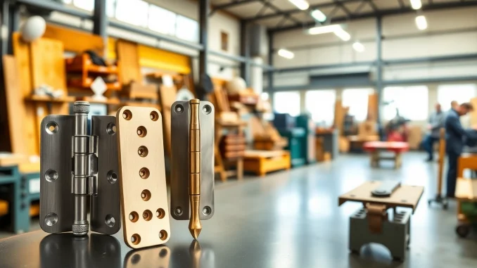 Door Hinges Manufacturer showcasing high-quality polished and antique finish hinges in an industrial workshop.