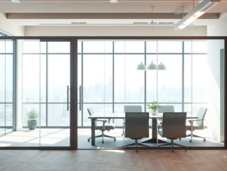 Showcase movable glass partitions in a modern office setting demonstrating flexibility and style.