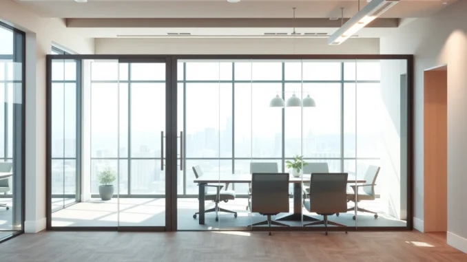 Showcase movable glass partitions in a modern office setting demonstrating flexibility and style.