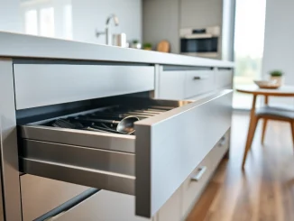 Explore a sophisticated metal drawer system featuring organized kitchen utensils in a modern kitchen.