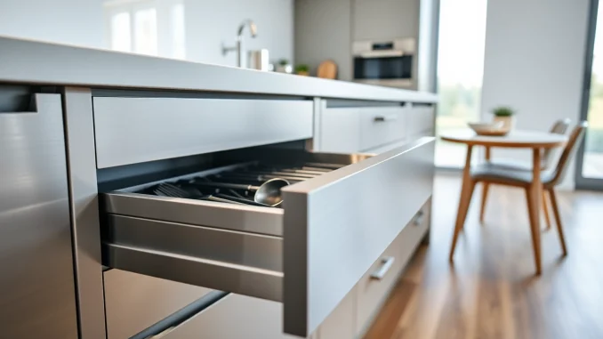 Explore a sophisticated metal drawer system featuring organized kitchen utensils in a modern kitchen.