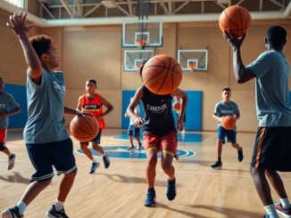 Engaged youth practicing basketball skills at Takeover Basketball Academy gym, showcasing dynamic training.