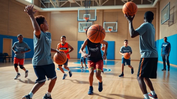 lloj Engaged youth practicing basketball skills at Takeover Basketball Academy gym, showcasing dynamic training.
