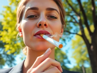 Man exhaling from nicotine free cigarettes in a lush park, promoting a healthier lifestyle.
