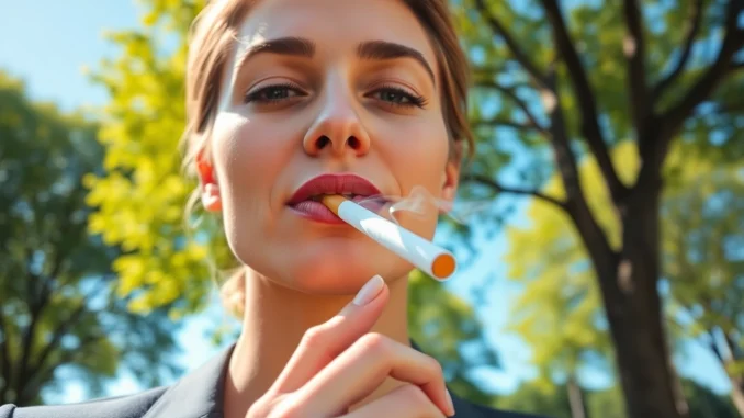 m6bz Man exhaling from nicotine free cigarettes in a lush park, promoting a healthier lifestyle.