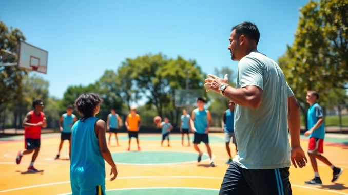 o54c Young athletes engaging in basketball training programs near me outdoors with a focused coach.