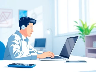 Installing telegram电脑下载 on a laptop with an organized workspace and bright natural lighting.