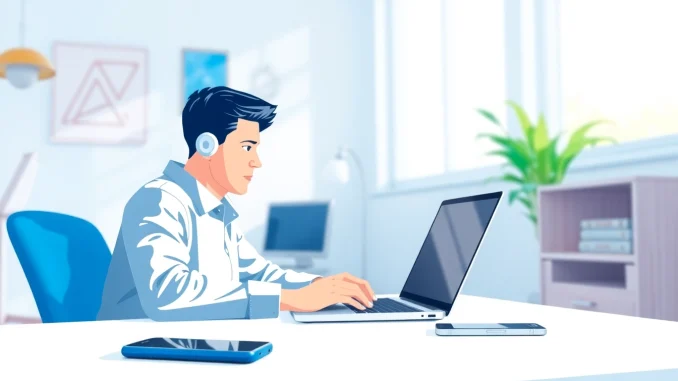 Installing telegram电脑下载 on a laptop with an organized workspace and bright natural lighting.